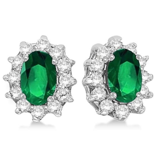 Oval Emerald and Diamond Accented Earrings 14k White Gold 2.05ctw: CENTER STONE; Emerald CENTER STONE CLARITY; CENTER STONE COLOR; CENTER STONE SETTING; Prong SIDE STONE CLARITY; SI SIDE STONE COLOR; H-I SIDE STONE SETTING; Prong ctw OF SIDE STONE: 0.25 SIDE STONE QU