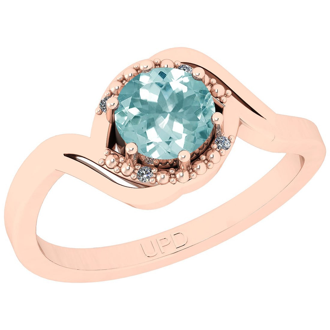 0.74 Ctw SI2/I1 Aquamarine And Diamond 14K Rose Gold Ring: Center Stone Weight : 0.72 Ctw (Round Cut) Center Stone Color :-Aquamarine Center Stone Setting : Prong Side Stone Weight Of Ctw 0.02 Ctw Side Stone Color : J-K Stone Clarity : SI2/I1 Stone Setting :