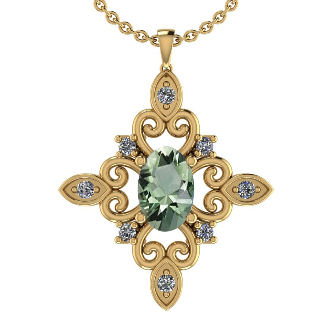 14.52 Ctw I2/I3 Green Amethyst And Diamond 10K Yellow Gold Pendant: Center Stone Weight : 13.72 Ctw (Oval Cut ) Center Stone Color : Green Amethyst Center Stone Setting : Prong Side Stone Weight Of Ctw 0.80 Ctw Side Stone Color : J-K Stone Clarity : I2/I3 Stone Settin