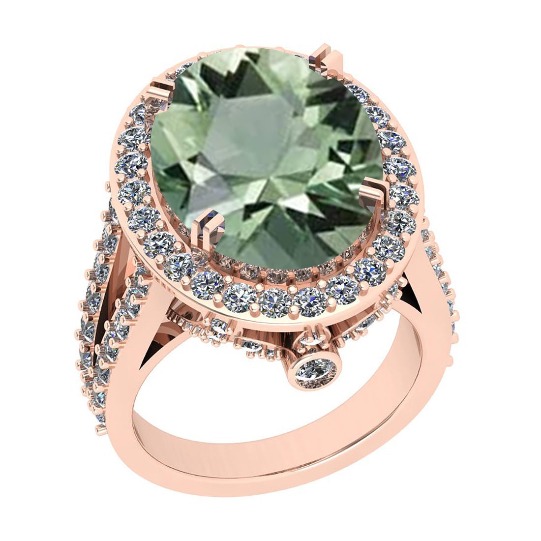 14.82 Ctw SI2/I1 Green Amethyst And Diamond 14k Rose Gold Vintage Style Rin: Center Weight : 13.62 Ctw (Oval Cut ) Center Color : Green Amethyst Center Stone Setting : Prong Side Stone Weight Of Ctw 1.20 Ctw Side Stone Color : J-K Stone Clarity : SI2/I1 Stone Setting : Prong M