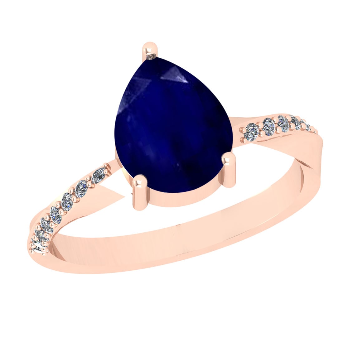 2.11 Ctw SI2/I1 Blue Sapphire And Diamond 14K Rose Gold Engagement Ring: Color Stone Weight : 2.00 Ctw (Pear Cut ) Center Stone Color : Blue Sapphire Center Stone Setting : Prong Side Stone Weight Of Ctw 0.11 Ctw Side Stone Color : J-K Stone Clarity : SI2/I1 Stone Setting