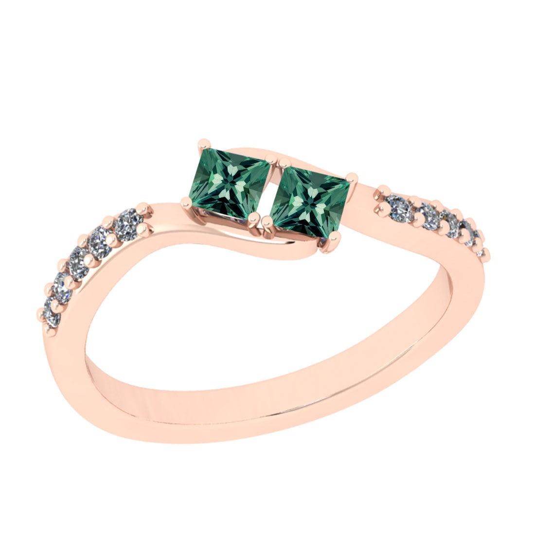 0.30 Ctw SI2/I1 Green Sapphire And Diamond 14K Rose Gold two Stone Ring: Center Stone Weight : 0.16 Ctw (Round Cut) Center Stone Color :-Green Sapphire Center Stone Setting : Prong Side Stone Weight Of Ctw 0.14 Ctw Side Stone Color : J-K Stone Clarity :SI2/I1 Stone Setting