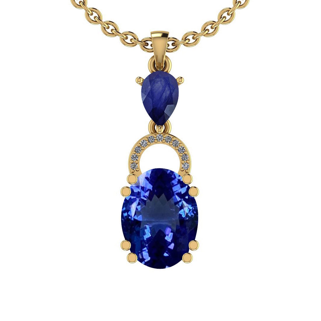 Certified 5.36 Ctw VS/SI1 Tanzanite,Blue Sapphire And Diamond 14K Yellow Go: Center Stone Approx Weight: 4.80 Ctw (Oval Cut) Center Stone Color: Tanzanite Center Stone Setting: Prong Color Stone Weight: 0.50 ctw stone Color: Blue Sapphire (Pear Cut )Setting: Prong Side Stone 0