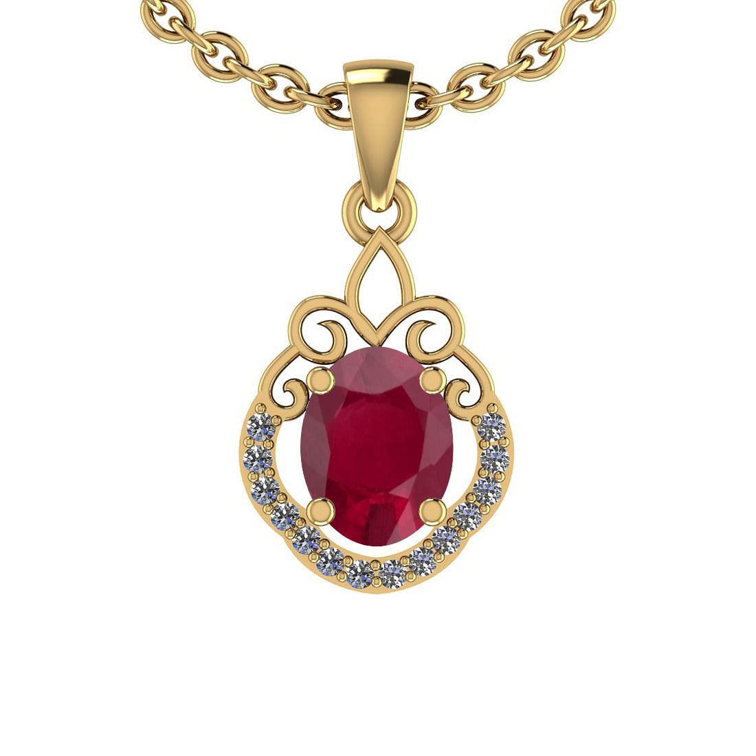 1.36 Ctw SI2/I1 Ruby And Diamond 14K Yellow Gold Vintage Style Pendant: Center Stone Weight : 1.25 Ctw (Oval Cut) Center Stone Color :-Ruby Center Stone Setting : Prong Side Stone Weight Of Ctw 0.11 Ctw Side Stone Color : G-H Stone Clarity :SI2/I1 Stone Setting : Prong Me