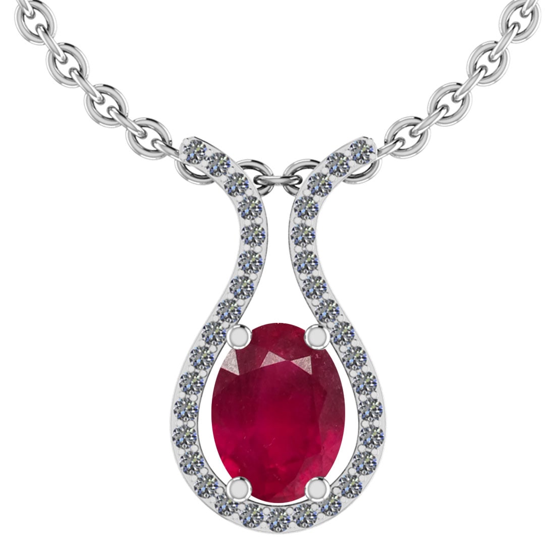17.07 CtwSI2/I1 Ruby And Diamond 14K White Gold Pendant Necklace: Center Stone Weight : 13.57 Ctw ( Oval Cut ) Center Stone Color : Ruby Stone Setting : Prong Side Diamond Weight Of Ctw 3.50 Ctw Side Stone Color : J-K Stone Clarity :SI2/I1 Stone Setting : Prong Meta