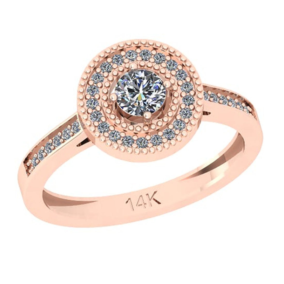 0.42 Ctw SI2/I1 Diamond 14K Rose Gold Halo Ring: Center Diamond Weight : 0.25 Ctw (Round Cut) Center Diamond Color : J-K Clarity : SI2/I1 Setting : Prong Side Diamond Weight Of Ctw 0.17 Ctw Side Stone Color : J-K Clarity : SI2/I1 Stone Setting : Pro