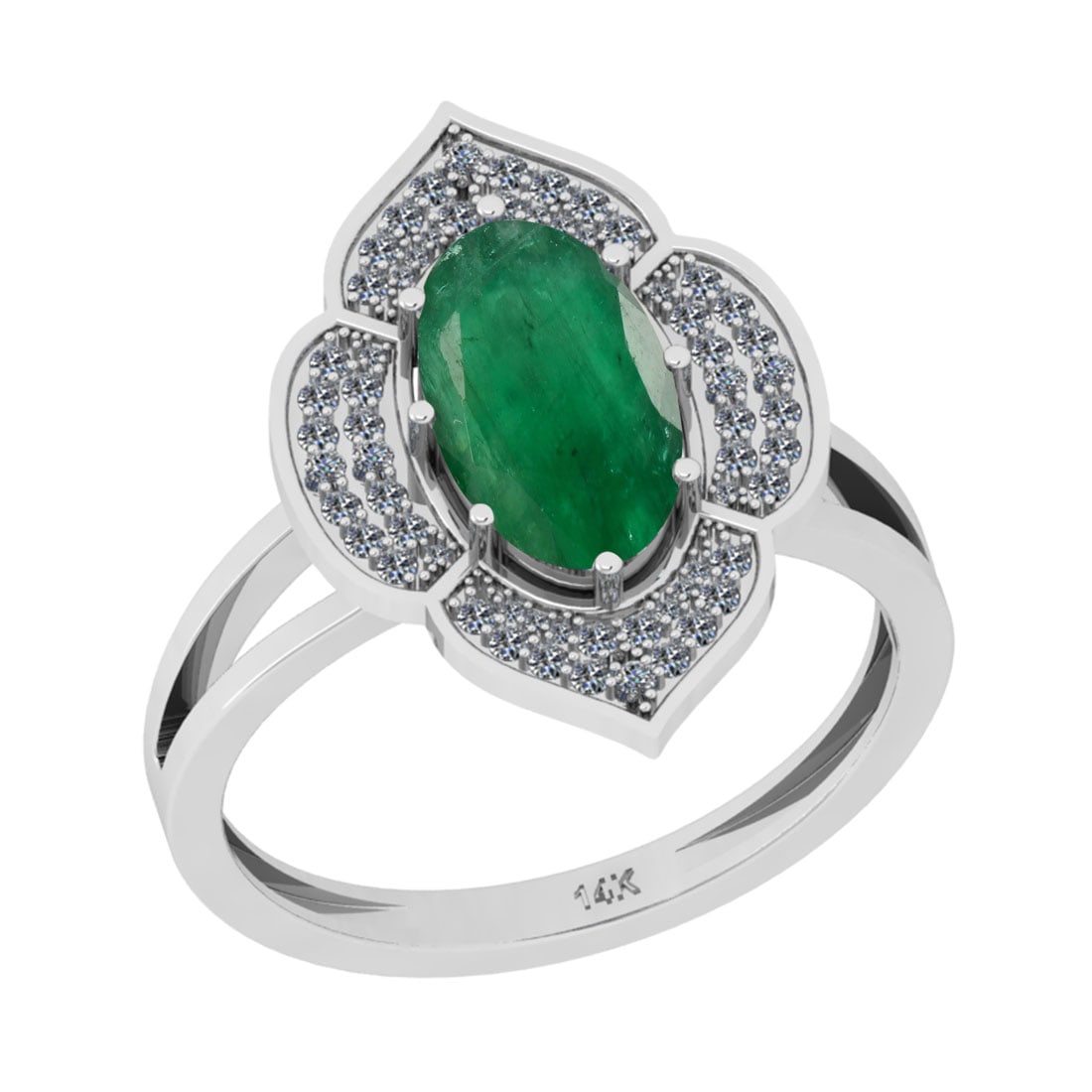 2.46 Ctw VS/SI1 Emerald And Diamond 18K White Gold Vintage Style Ring: Color Stone Weight : 2.11 Ctw (Oval Cut ) Center Stone Color : Emerald Center Stone Setting : Prong Side Stone Weight Of Ctw 0.35 Ctw Side Stone Color : J-K Stone Clarity : VS/SI1 Stone Setting : Pron