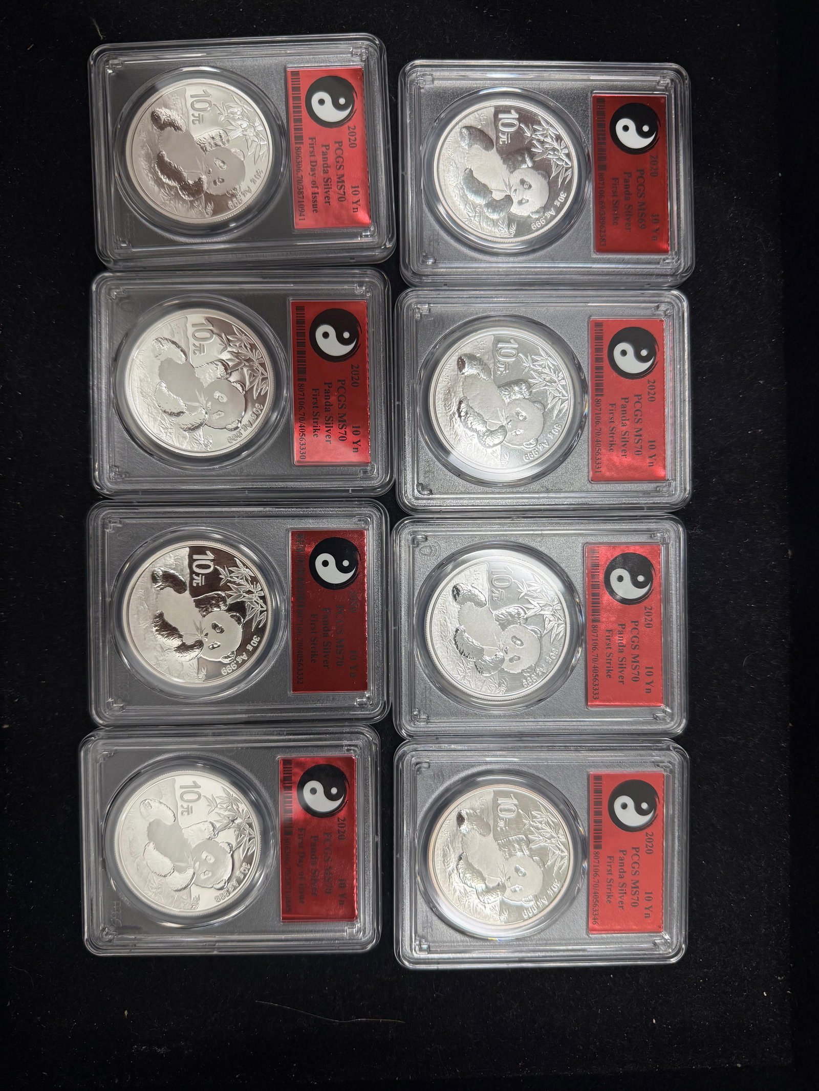 2020 PCGS Certified MS70 Panda Pure Silver Coins First Strike & First Day o: 2020 PCGS Certified MS70 Panda Pure Silver Coins First Strike & First Day of Issue 8 pieces #PAPPS98348v15