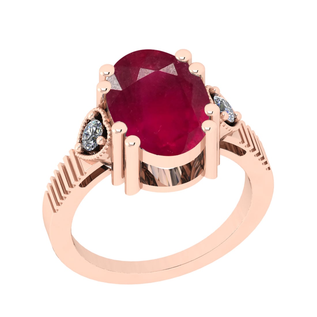 5.60 CtwSI2/I1 Ruby And Diamond 14K Rose Gold Vintage Style Ring: Center Stone Weight : 5.40 Ctw ( Oval Cut ) Center Stone Color : Ruby Stone Setting : Prong Side Diamond Weight Of Ctw 0.20 Ctw Side Stone Color : J-K Stone Clarity :SI2/I1 Stone Setting : Prong Metal