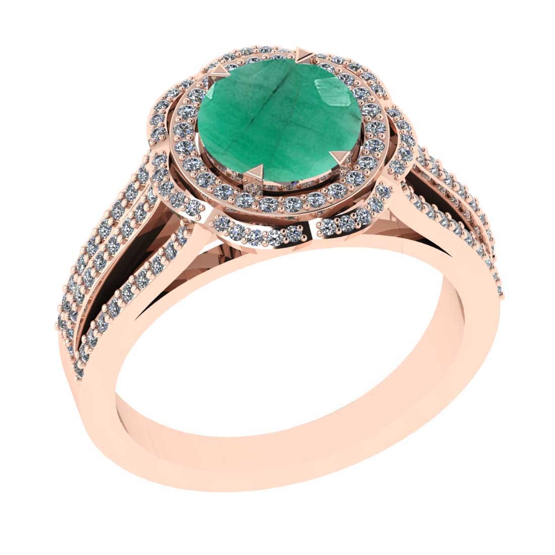 2.65 Ctw SI2/I1 Emerald and Diamond 14K Rose Gold Engagement Halo Ring: Center Stone Weight : 1.25 Ctw ( Round Cut) Center stone Color :-Emerald Setting : Prong Side Weight Of Ctw 1.40 Ctw Color : J-K Clarity : SI2/I1 Stone Setting : Prong Metal Weight : Approx 5.40 gram