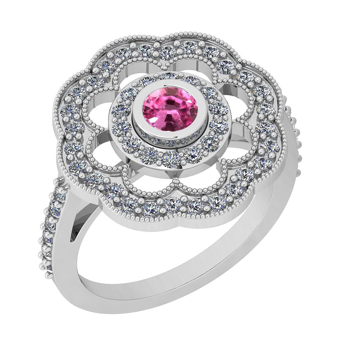 1.09 Ctw SI2/I1 Pink Tourmaline And Diamond 14K White Gold Engagement Halo: Center Weight : 0.34 Ctw ( Round Cut ) Center Color :- Pink Tourmaline Stone Setting : Bezel Side Stone Weight Of Ctw 0.75 Ctw Side Stone Color : J-K Stone Clarity : SI2/I1 Stone Setting : Prong Metal