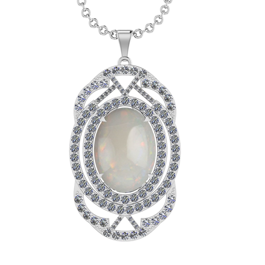 16.83 Ctw SI2/I1 Opal And Diamond 14K White Gold Pendant Necklace: Center Stone Weight : 12.67 Ctw ( Oval Cab ) Center Stone Color : Opal Stone Setting : Prong Side Diamond Weight Of Ctw 4.16 Ctw Side Stone Color : J-K Stone Clarity : SI2/I1 Stone Setting : Prong Met