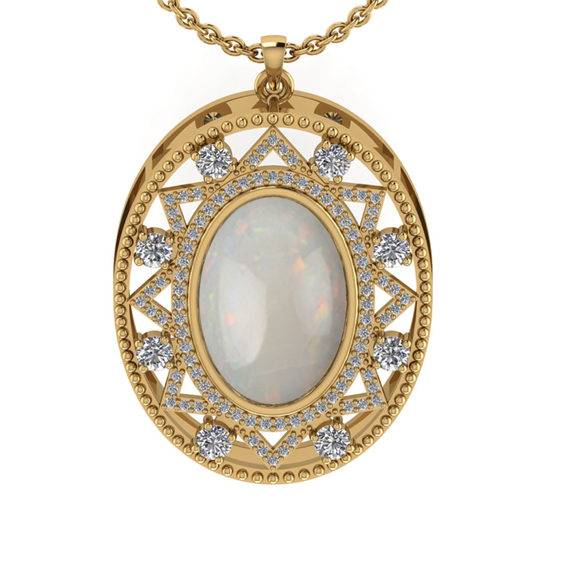 8.14 Ctw SI2/I1 Opal And Diamond 14K Yellow Gold Pendant Necklace: Center Stone Weight : 6.89 Ctw ( Oval Cab ) Center Stone Color : Opal Stone Setting : Prong Side Diamond Weight Of Ctw 1.25 Ctw Side Stone Color : J-K Stone Clarity : SI2/I1 Stone Setting : Prong Meta