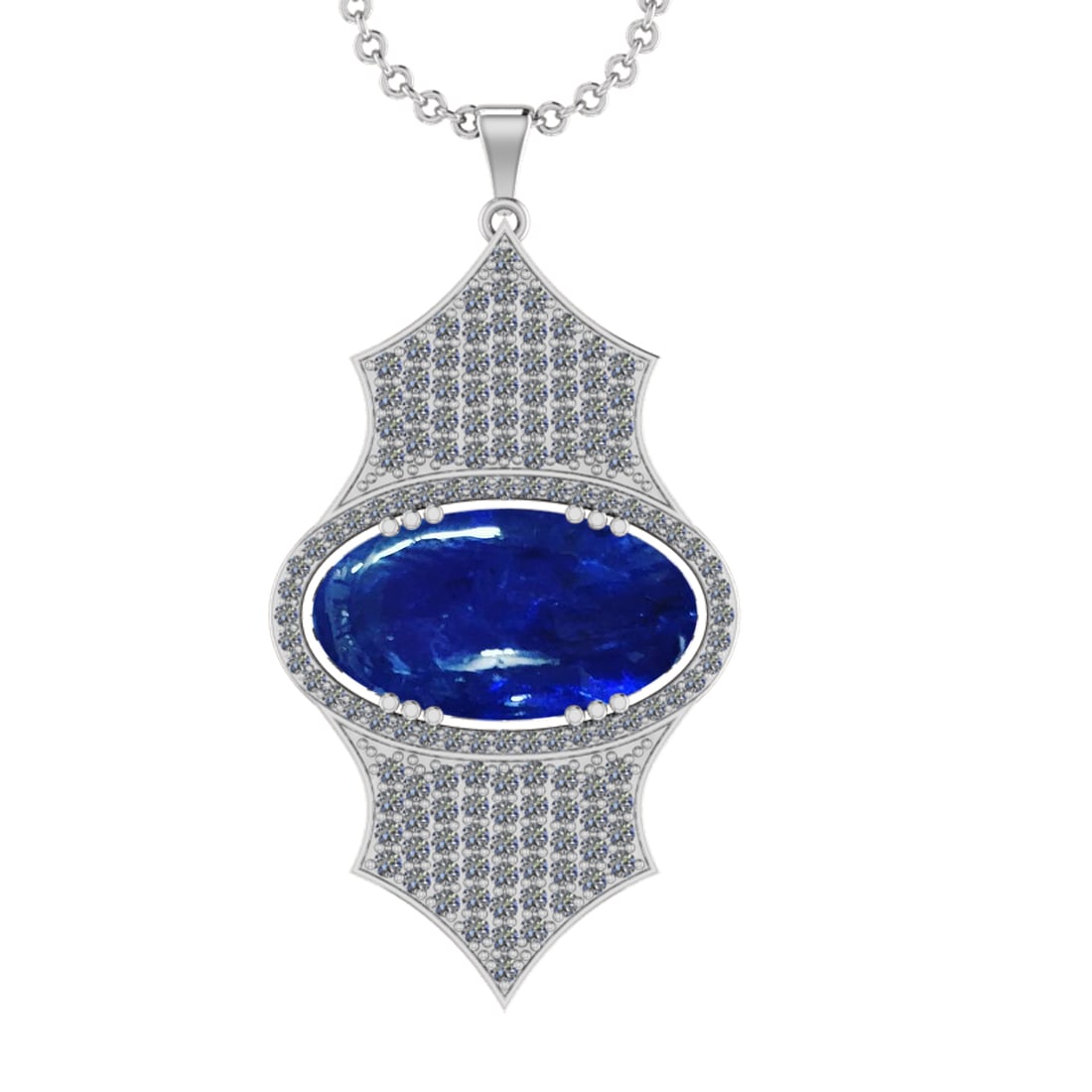 31.12 Ctw VS/SI1 Tanzanite and Diamond Prong Set 14k White Gold Pendant: Center Stone Weight : 28.71 Ctw ( Oval Cab) Center Stone Color :-Tanzanite Setting : Prong Side Weight Of Ctw 2.41 Ctw Color : J-K Clarity : VS/SI1 Stone Setting : Prong Metal Weight : Approx 14.80 gr
