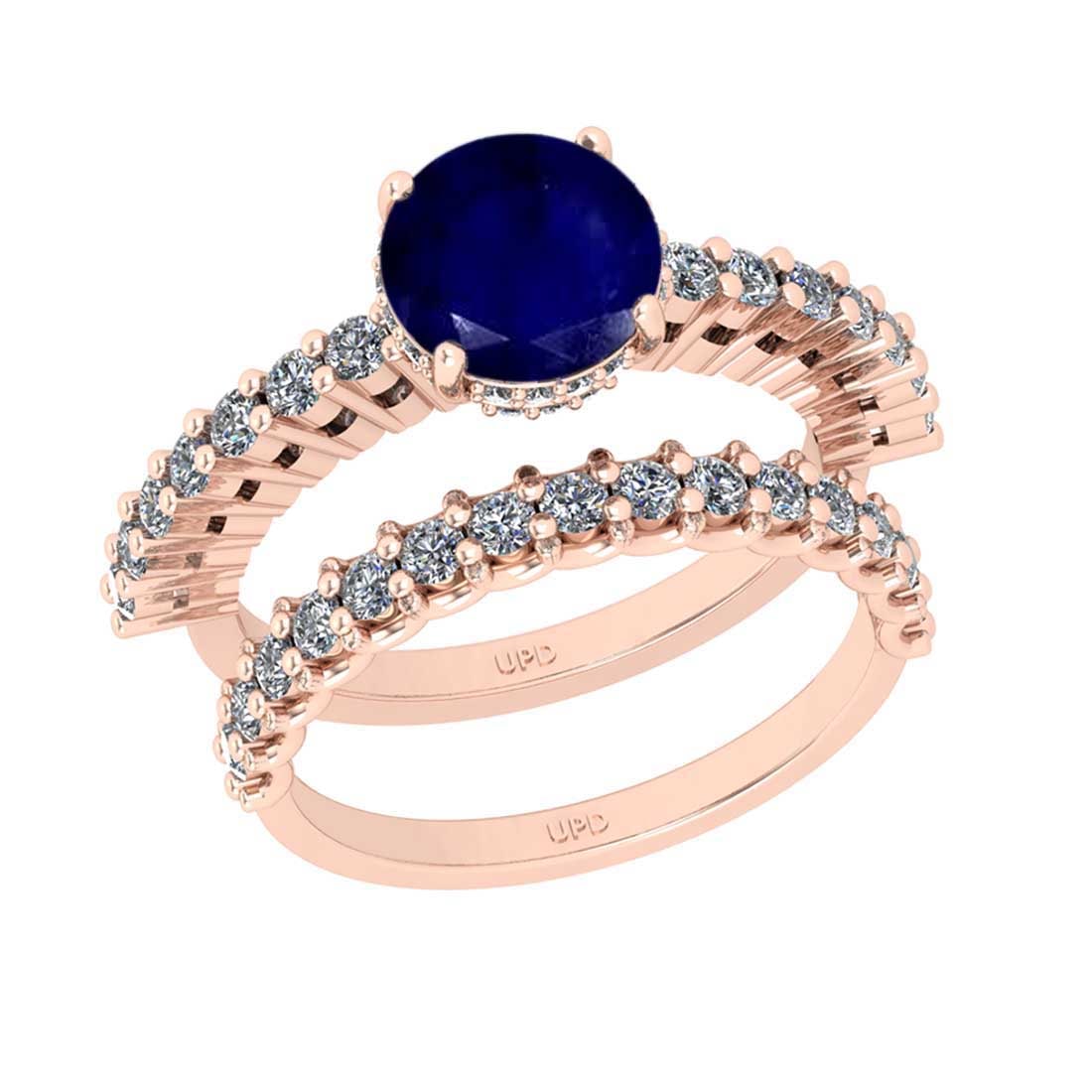 2.94 Ctw SI2/I1 Blue Sapphire and Diamond 14K Rose Gold Engagement set Ring: Center Stone Weight : 1.80 Ctw ( Round Cut) Center Stone Color :-Blue Sapphire Setting : Prong Side Diamond Weight Of Ctw 1.14 Ctw Color : J-K Clarity : SI2/I1 Stone Setting : Prong Metal Weight : App