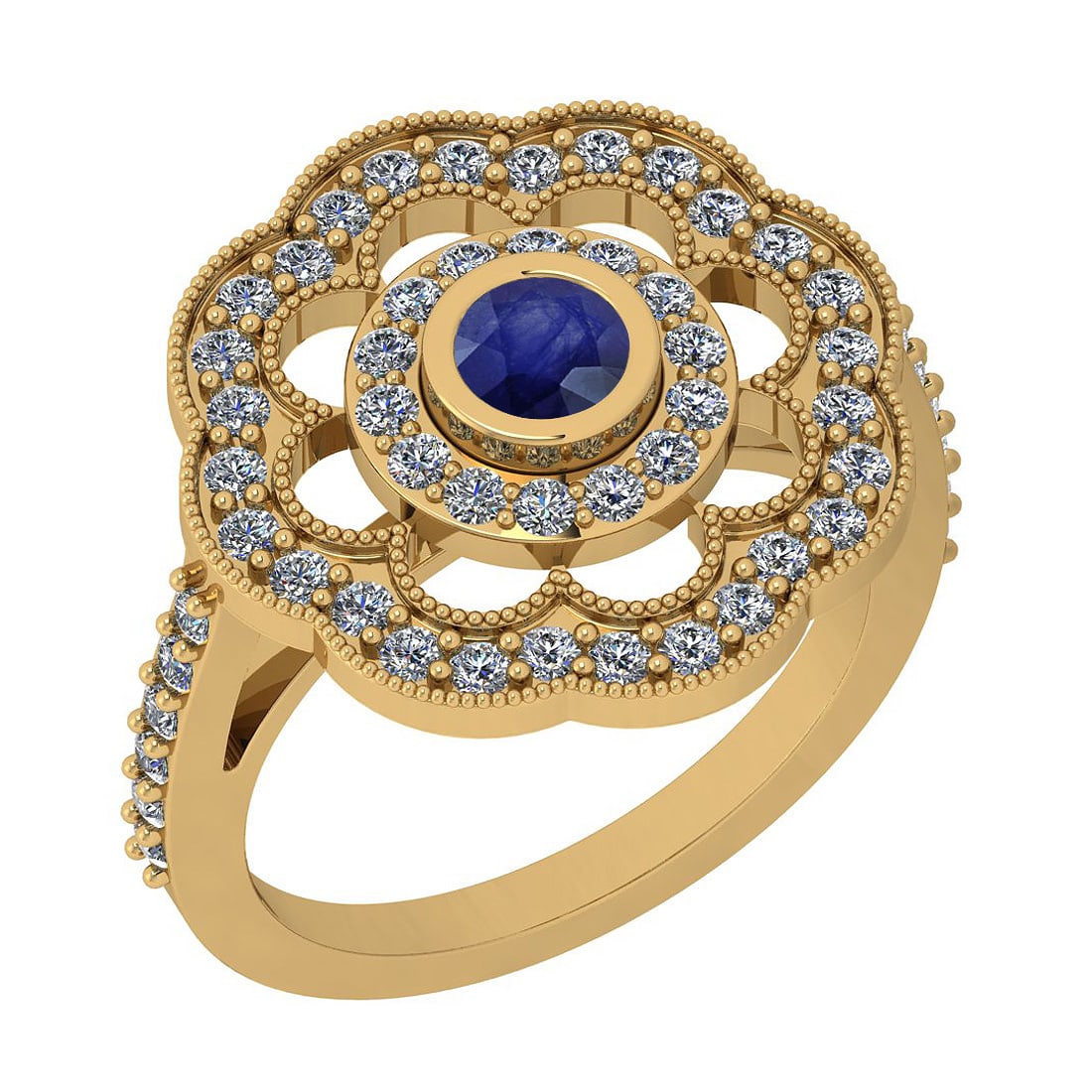 1.09 Ctw SI2/I1 Blue Sapphire And Diamond 14K Yellow Gold Engagement Halo R: Center Weight : 0.34 Ctw ( Round Cut ) Center Color :- Blue Sapphire Stone Setting : Bezel Side Stone Weight Of Ctw 0.75 Ctw Side Stone Color : J-K Stone Clarity : SI2/I1 Stone Setting : Prong Metal W