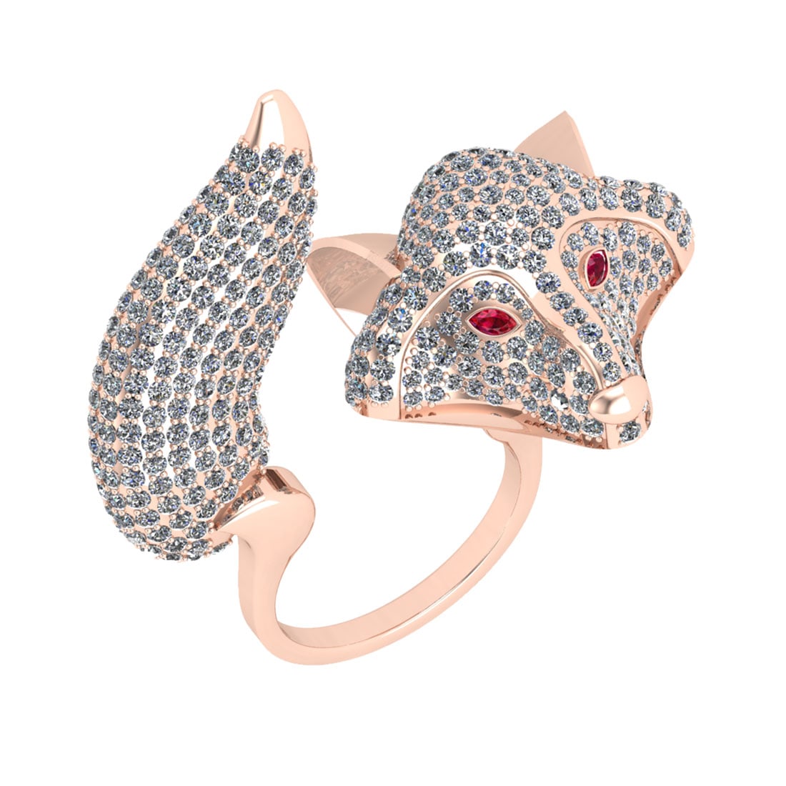 5.90 Ctw Ruby and Diamond 14K Yellow Gold Animal theme Fox Ring: Eye stone Weight : 0.04 Ctw (Marquise Cut) Eye stone Color :- Ruby Setting : Prong Total Weight Of Ctw 5.86 Ctw Color : J-K Clarity : I2/I3 Stone Setting : Prong Metal Weight : Approx 35.50 gram 14K Y