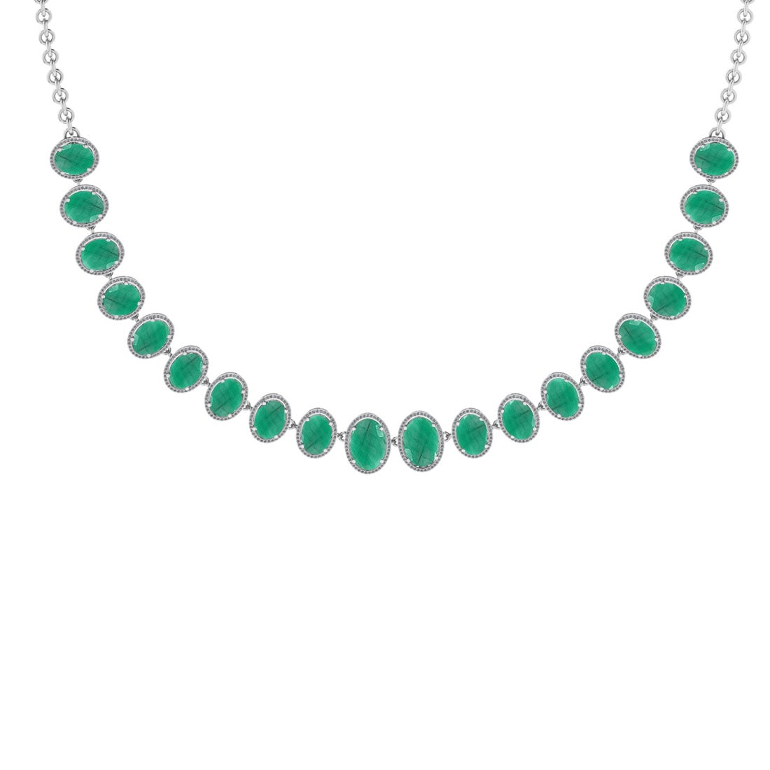 44.40 Ctw VS/SI1 Emerald And Diamond 14K White Gold Girls Fashion Necklace: Color Stone Weight : 40.00 Ctw ( Oval Cut ) Center Stone Color : Emerald Stone Setting : Prong Side Diamond Weight Of Ctw 4.40 Ctw Side Stone Color : J-K Stone Clarity : VS/SI1 Stone Setting : Prong M