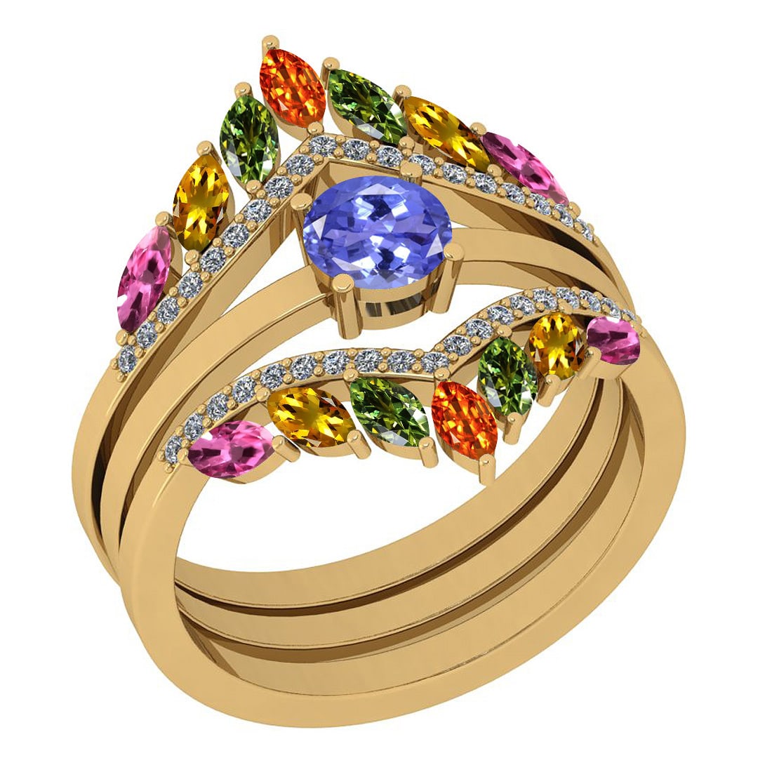Certified 2.09 Ctw I2/I3 Multi Sapphire, tanzanite And Diamond 10K Yellow G: Multi Stone Approx Weight: 1.90 Ctw (Marquise Cut) Multi Stone Color: Sapphire tanzanite Center Setting: Prong Side Stone 0.19 ctw Side Stone Color: J-K Side Stone Setting: Prong Side Stone Clarity: I