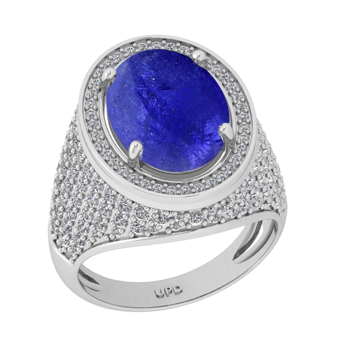 8.90 Ctw I2/I3 Tanaznite And Diamond 14K White Gold Engagement Ring: Center Stone Weight : 7.30 Ctw ( Oval Cab ) Center Stone Color : Tanaznite Stone Setting : Prong Side Diamond Weight Of Ctw1.60 Ctw Side Stone Color : J-K Stone Clarity : I2/I3 Stone Setting : Prong M