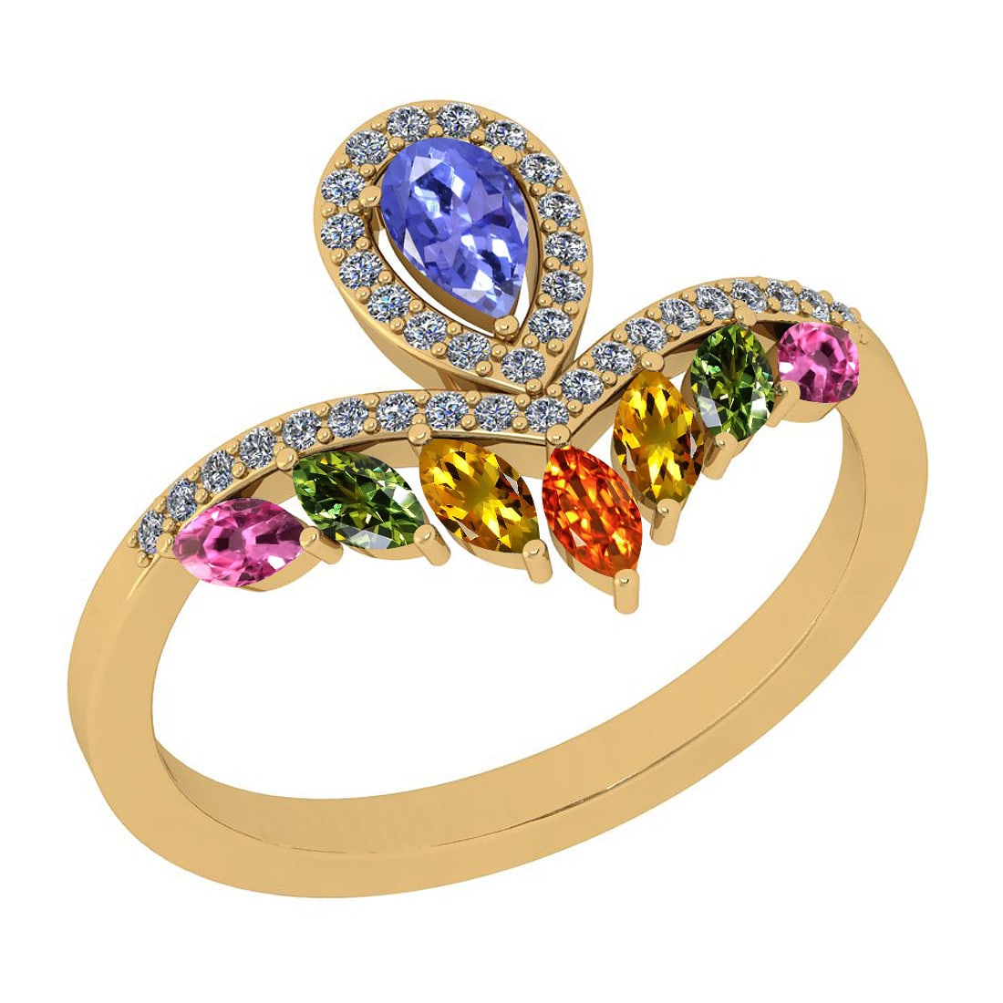 Certified 1.13 Ctw I2/I3 Multi Sapphire, tanzanite And Diamond 10K Yellow G: Multi Stone Approx Weight: 0.95 Ctw (Pear & Marquise Cut) Multi Stone Color: Sapphire tanzanite Center Setting: Prong Side Stone 0.18 ctw Side Stone Color: J-K Side Stone Setting: Prong Side Stone Cla