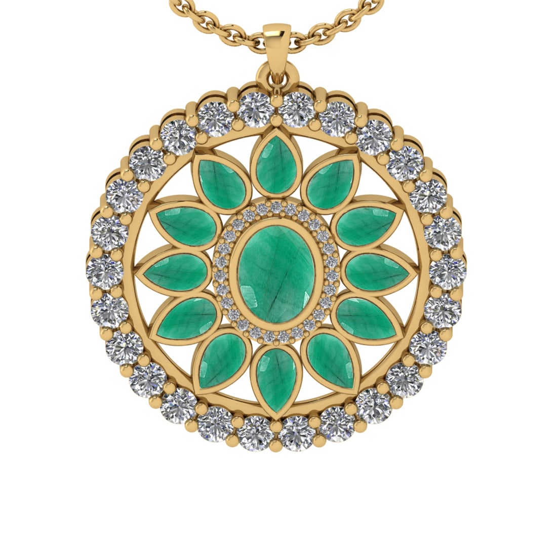 6.95 Ctw SI2/I1 Emerald and Diamond 14K Yellow Gold Pendant Necklace: Center stone Weight :- 4.25 Ctw ( Oval & Pear Cut) Color :- Emerald Center Stone Setting : Prong Side Diamond Weight Of Ctw 2.70 Ctw Color : J-K Clarity : SI2/I1 Stone Setting : Prong Metal Weight : A