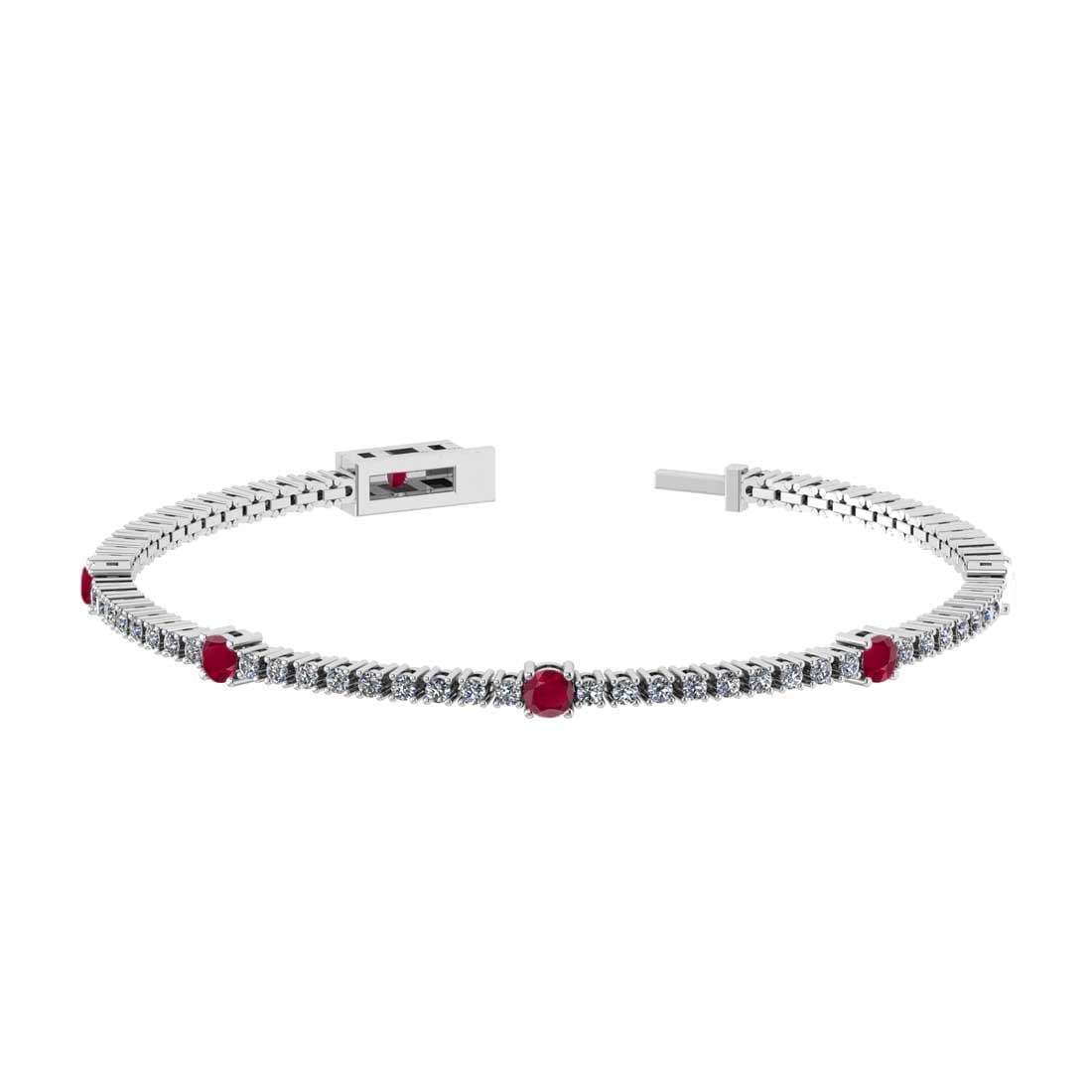 2.20 Ctw SI2/I1 Ruby and Diamond 14K White Gold Bracelet: Center Stone Weight : 0.50 Ctw ( Round Cut) Center stone Color :-Ruby Setting : Prong Side Weight Of Ctw 1.70 Ctw Color : J-K Clarity : SI2/I1 Stone Setting : Prong Metal Weight : Approx 5.70 gram 14K