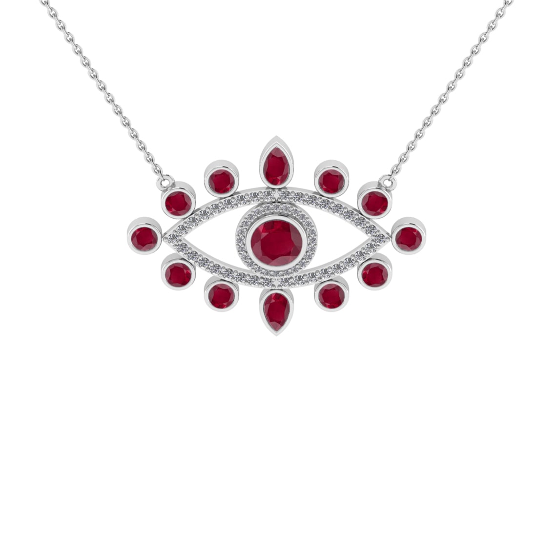 2.40 Ctw SI2/I1 Ruby and Diamond 14K White Gold Evil eye Pendant Necklace: Center stone Weight :- 1.80 Ctw ( Round & Pear Cut) Color :- Ruby Center Stone Setting : Prong Side Diamond Weight Of Ctw 0.60 Ctw Color : J-K Clarity : SI2/I1 Stone Setting : Prong Metal Weight : App