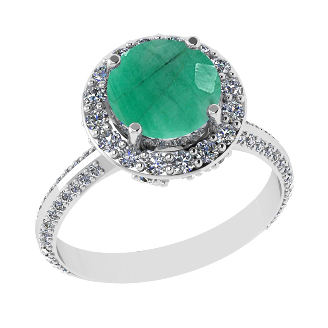 3.26 Ctw I2/I3 Emerald And Diamond 14K White Gold Engagement Ring: Center Stone Weight : 2.00 Ctw ( round Cut ) Center Stone Color : Emerald Stone Setting : Prong Side Diamond Weight Of Ctw 1.26 Ctw Side Stone Color : J-K Stone Clarity : SI2/I1 Stone Setting : Prong
