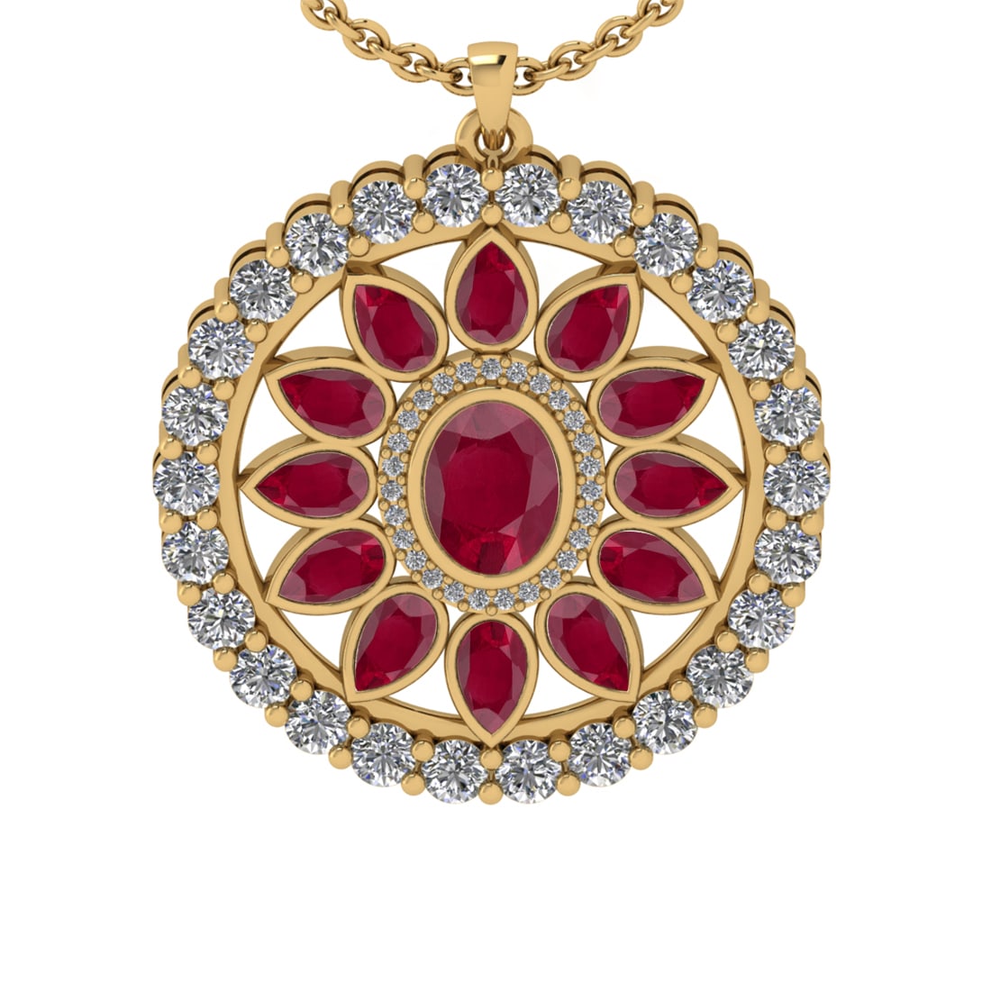 6.95 Ctw SI2/I1 Ruby and Diamond 14K Yellow Gold Pendant Necklace: Center stone Weight :- 4.25 Ctw ( Oval & Pear Cut) Color :- Ruby Center Stone Setting : Prong Side Diamond Weight Of Ctw 2.70 Ctw Color : J-K Clarity : SI2/I1 Stone Setting : Prong Metal Weight : Appr