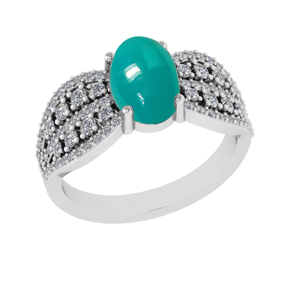 2.55 Ctw VS/SI1Emerald and Diamond 14K White Gold Engagement Ring: Color Stone Weight : 1.93 Ctw (Oval Cab) Stone Color :- Emerald Center Stone Setting : Prong Side Weight Of Ctw 0.62 Ctw Color : J-K Clarity : VS/SI1 Stone Setting : Prong Metal Weight : Approx 4.40 g