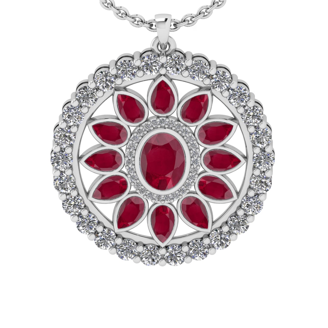 6.95 Ctw SI2/I1 Ruby and Diamond 14K White Gold Pendant Necklace: Center stone Weight :- 4.25 Ctw ( Oval & Pear Cut) Color :- Ruby Center Stone Setting : Prong Side Diamond Weight Of Ctw 2.70 Ctw Color : J-K Clarity : SI2/I1 Stone Setting : Prong Metal Weight : Appr
