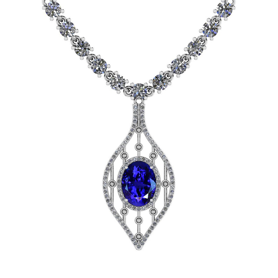 Certified 8.64 Ct Tanzanite And Diamond VS/SI1 Platinum Necklace: Center Stone Approx Weight: 3.98 Ctw (1 pcs Oval) Center Stone Color: Tanzanite Center Stone Setting: Prong Diamond Stone Approx Weight: 4.66 Ctw Diamond Stone Color: G-H Stone Clarity: VS/SI1 Stone S