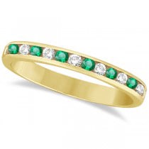 Channel-Set Emerald and Diamond Ring Band 14k Yellow Gold 1.00ctw: CENTER STONE; Diamond CENTER STONE CLARITY; SI CENTER STONE COLOR; J-K CENTER STONE SETTING; Channel SIDE STONE CLARITY; SIDE STONE COLOR; Green SIDE STONE SETTING; Channel ctw OF SIDE STONE: 0.2 SIDE