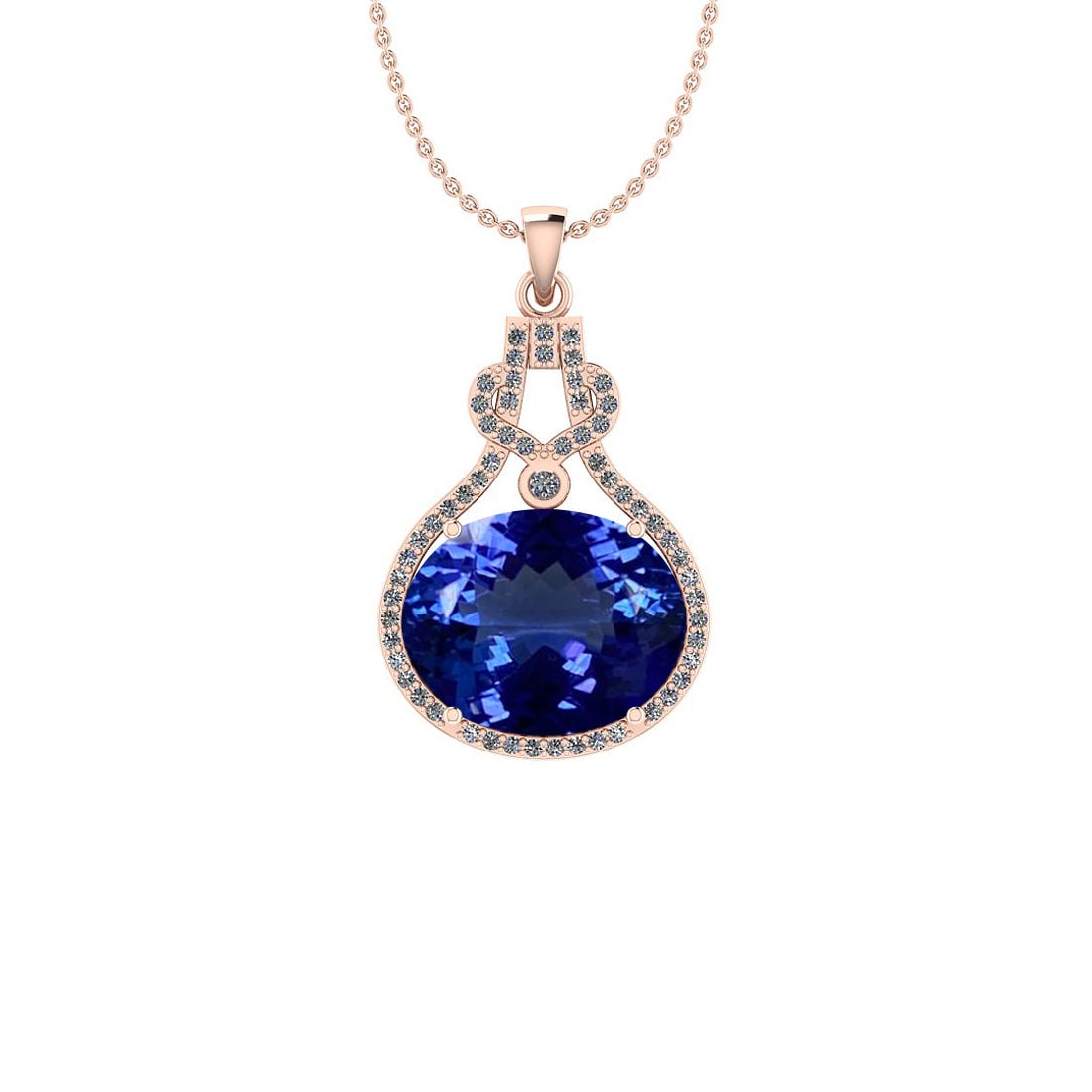 Certified 8.62 Ctw VS/SI1 Tanzanite And Diamond 14K Rose Gold Pendant Neckl: Center Stone Approx Weight: 8.32 Ctw (Oval Cut) Center Stone Color: Tanzanite Center Stone Setting: Prong Side Stone 0.30 Ctw Side Stone Color: J-K Stone Clarity: VS/SI1 Stone Setting: Prong Metal