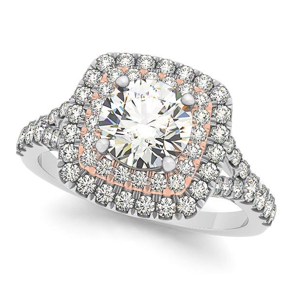 Square Double Halo Diamond Engagement Ring 14k Two Tone Gold 2.00ctw: CENTER STONE; Diamond (1.00 CTW) CENTER STONE CLARITY; SI1-SI2 CENTER STONE COLOR; J-K CENTER STONE SETTING; Prong SIDE STONE CLARITY; SI1-SI2 SIDE STONE COLOR; J-K SIDE STONE SETTING; Prong ctw OF