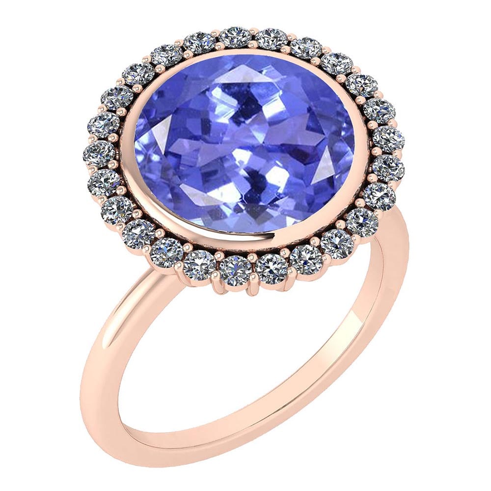 Certified 5.95 Ctw Tanzanite And Diamond Halo Ring 14K Rose Gold: Center Stone Weight Approx ; 5.50 Ctw (1 Pcs Round) Center Stone Color: Tanzanite Center Stone Setting ; Prong Side Stone (25 Pcs Round Cut Diamond) 0.45 ctw Side Stone Color: White G-H Diamond Side S