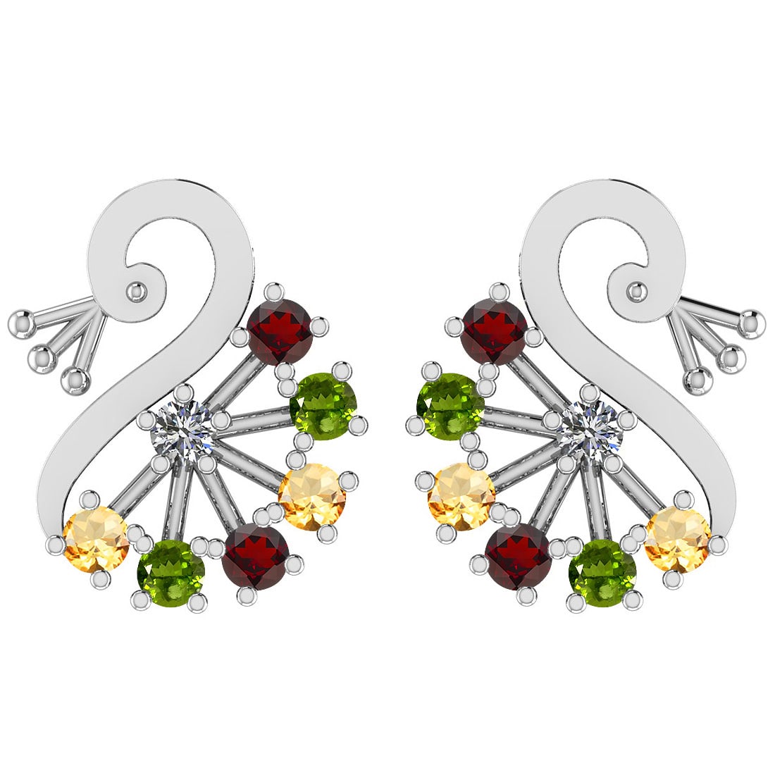 Certified 0.95 Ctw Garnet, Peridot, Citrine And Diamond I1/I2 14K White Gol: Multi Stone Approx Weight: 0.82 Ctw (12 Round) Multi Stone Color: Garnet, Peridot, Citrine Center Stone Setting: Prong Side Stone Approx Weight: 0.13 Ctw Side Stone Color: J-K Stone Clarity: I1/I2 Sto