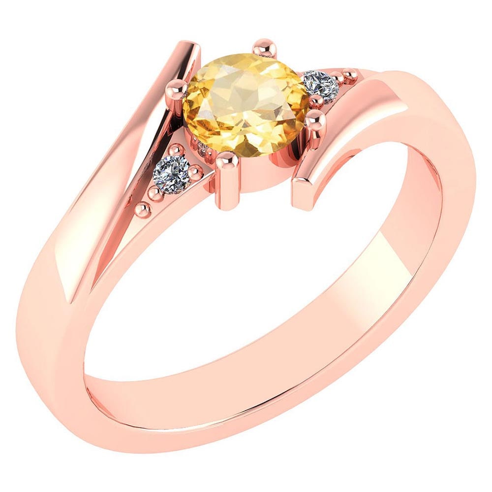 Certified 0.48 Ctw Citrine And Diamond 14k Rose Gold Ring: Center Stone Weight ; 0.45 Ctw (1 Pcs Round) Center Stone Color: Citrine Center Stone Setting ; Prong Side Stone (1.6 mm 2Pcs Round Diamond) 0.03 ctw Side Stone Color: White G-H Diamond Side Stone Set