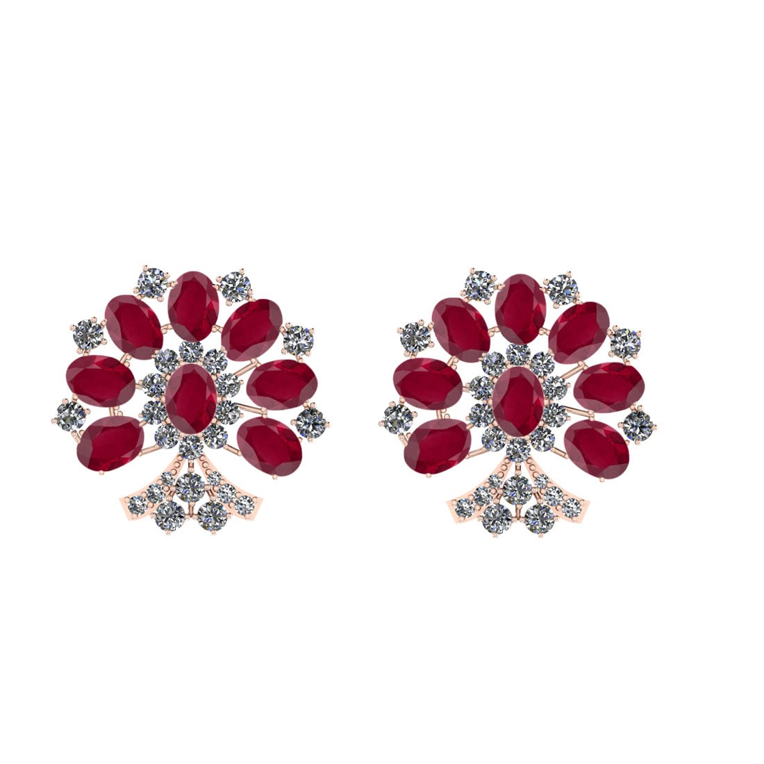 15.48 Ctw SI2/I1 Ruby And Diamond 14K Rose Gold Earrings: Center Stone Weight : 12.00 Ctw ( Oval Cut ) Center Stone Color : Ruby Center Stone Setting : Prong Side Stone Weight Of Ctw 3.48 Ctw Side Stone Color : White J-K Diamond Stone Clarity : SI2/I1 Stone