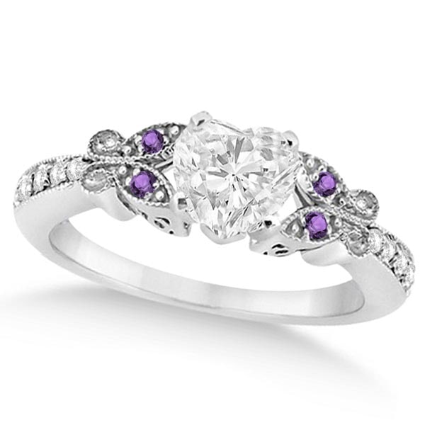 Heart Diamond and Amethyst Butterfly Engagement Ring 14k W Gold 1.50ctw: CENTER STONE; Diamond (1.00 CTW) CENTER STONE CLARITY; SI1-SI2 CENTER STONE COLOR; J-K CENTER STONE SETTING; Prong SIDE STONE CLARITY; Eye Clean,SI1-SI2 SIDE STONE COLOR; Purple,J-K SIDE STONE SETTING