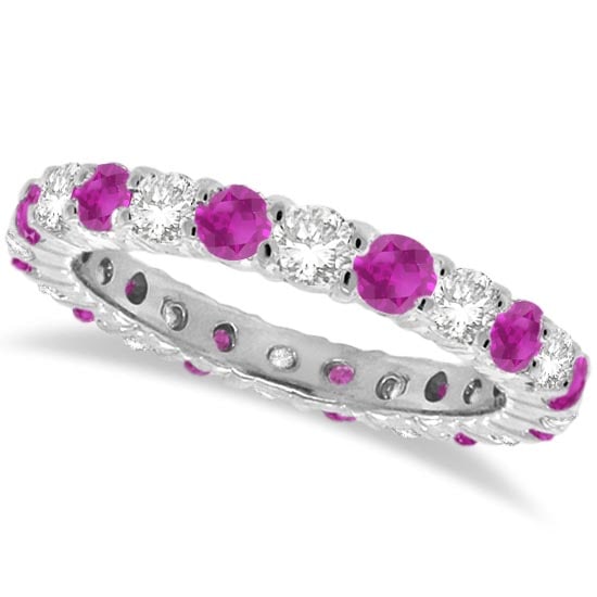 Pink Sapphire and Diamond Eternity Ring Band 14k White Gold 1.07ctw: CENTER STONE; Sapphire CENTER STONE CLARITY; CENTER STONE COLOR; Pink CENTER STONE SETTING; Prong SIDE STONE CLARITY; SI SIDE STONE COLOR; J-K SIDE STONE SETTING; Prong ctw OF SIDE STONE: 0.5 SIDE STO