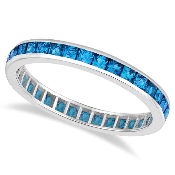 Princess-Cut Blue Topaz Eternity Ring Band 14k White Gold 1.36ctw: CENTER STONE; Blue Topaz CENTER STONE CLARITY; CENTER STONE COLOR; Blue CENTER STONE SETTING; Channel SIDE STONE CLARITY; SIDE STONE COLOR; SIDE STONE SETTING; ctw OF SIDE STONE: SIDE STONE QUALITY; #