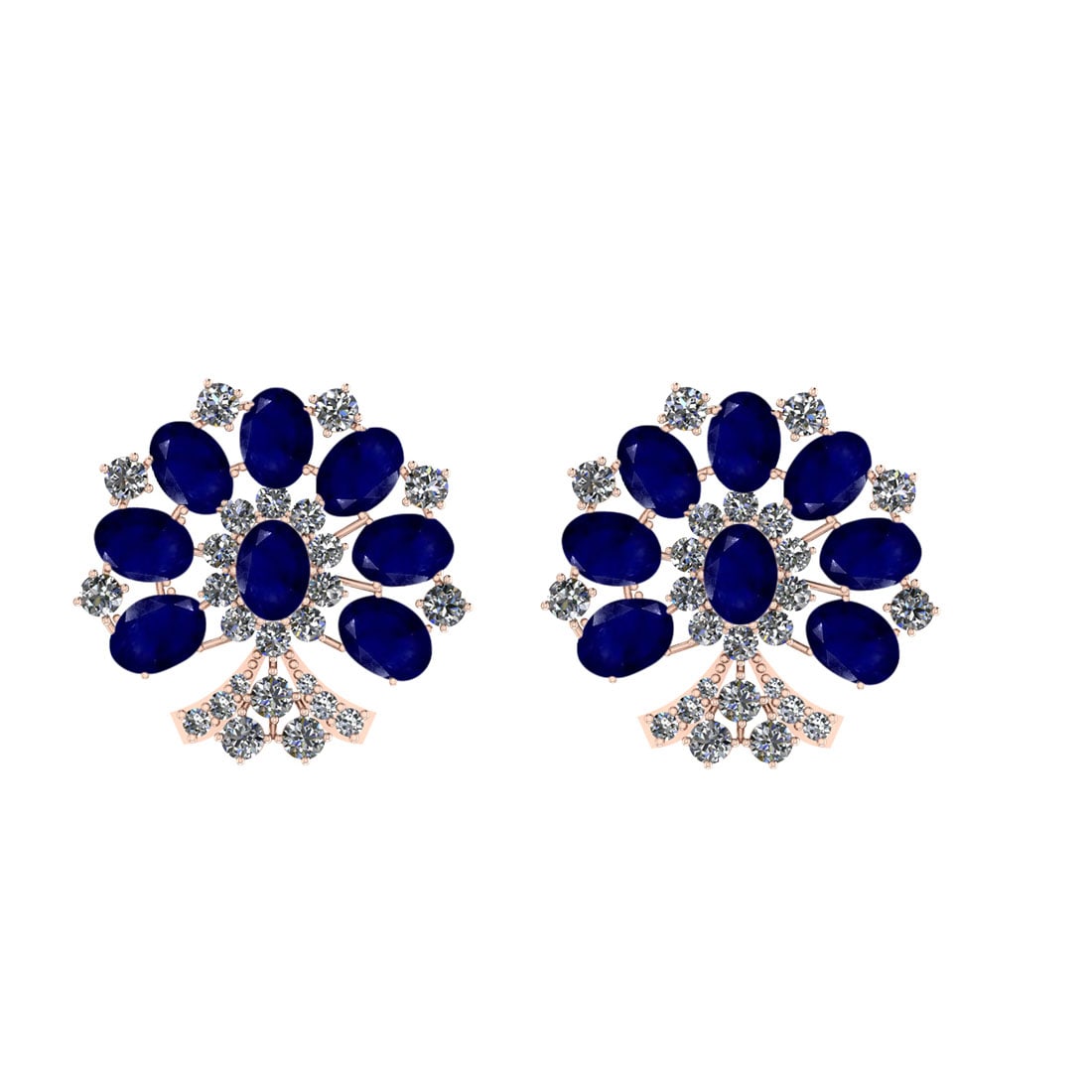15.48 Ctw SI2/I1 Blue Sapphire And Diamond 14K Rose Gold Earrings: Center Stone Weight : 12.00 Ctw ( Oval Cut ) Center Stone Color : Blue Sapphire Center Stone Setting : Prong Side Stone Weight Of Ctw 3.48 Ctw Side Stone Color : White J-K Diamond Stone Clarity : SI2/
