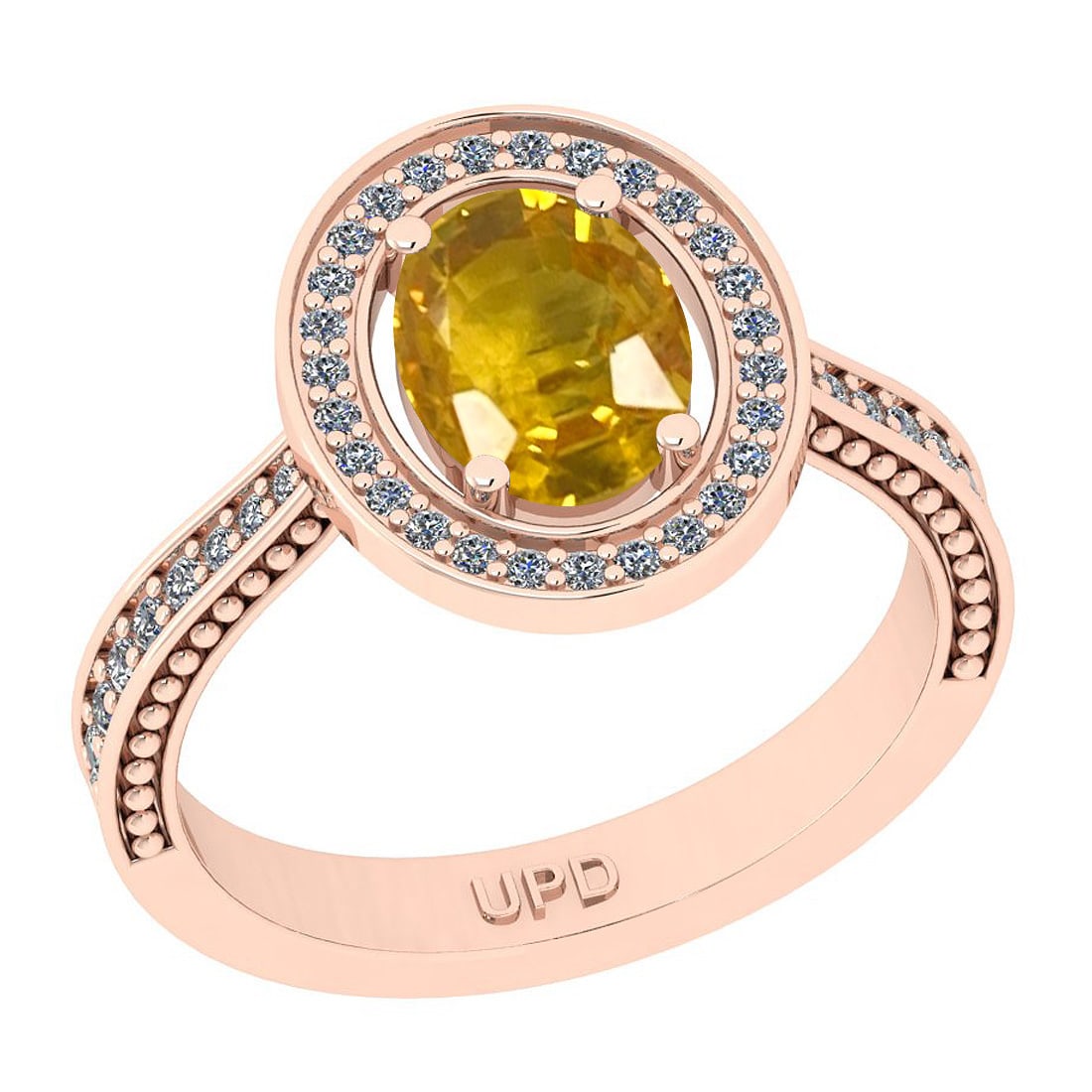 1.55 Ctw I2/I3 Yellow sapphire And Diamond 14K Rose Gold Engagement Ring: Center Stone Weight : 1.25 Ctw ( Oval Cut) Center Stone Color :-Yellow sapphire Stone Setting : Prong Side Stone Weight Of Ctw 0.30 Ctw Side Stone Color : J-K Stone Clarity : I2/I3 Stone Setting : Pro