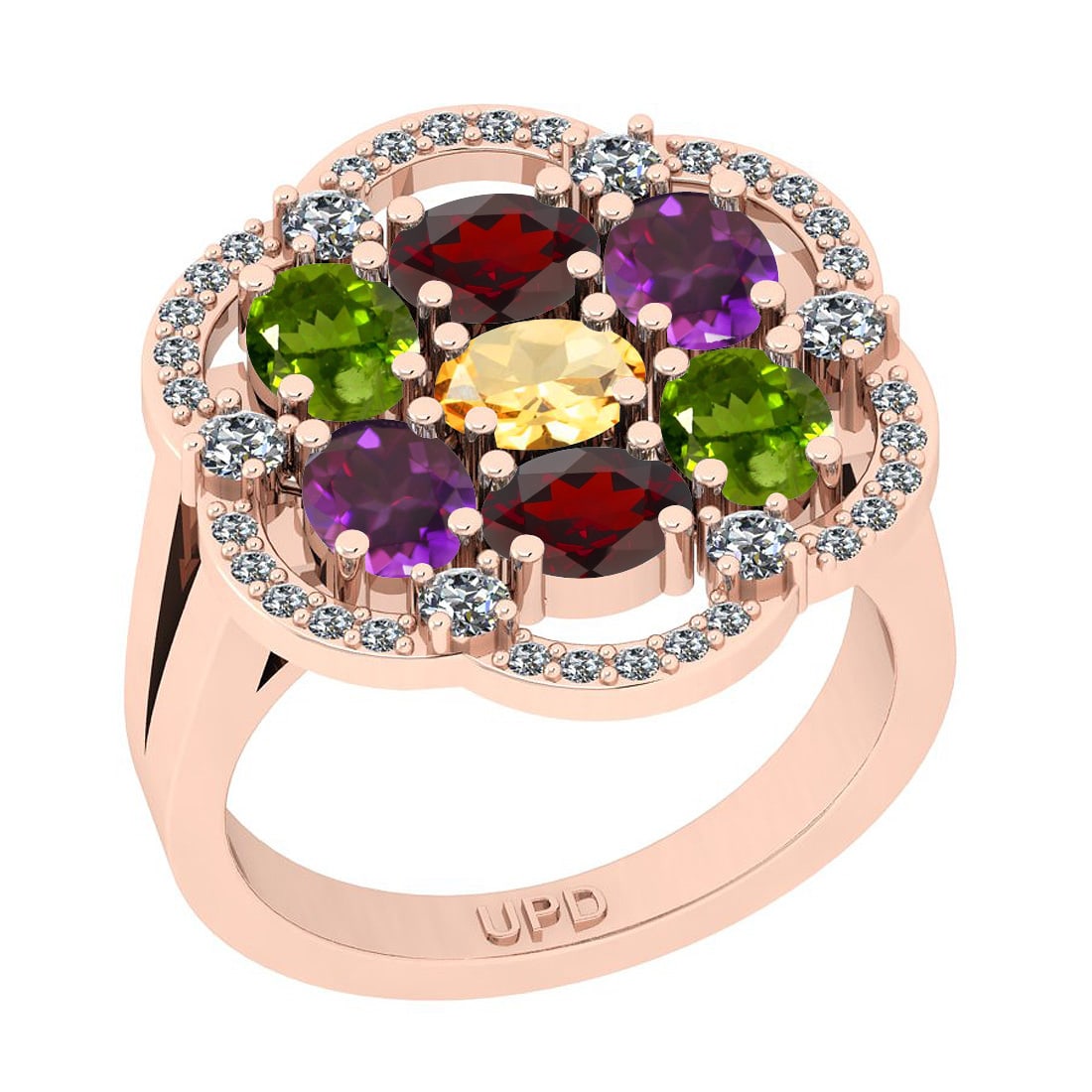 2.15 Ctw I2/I3 Multi Stone And Diamond 10K Rose Gold Cocktail Ring: Multi Stone Weight : 1.75 Ctw ( Oval Cut) Multi Stone Color :-Amethyst,Garnet,Peridot,Citrine Multi Stone Setting : Prong Side Stone Weight Of Ctw 0.40 Ctw Side Stone Color : J-K Stone Clarity : I2/I3