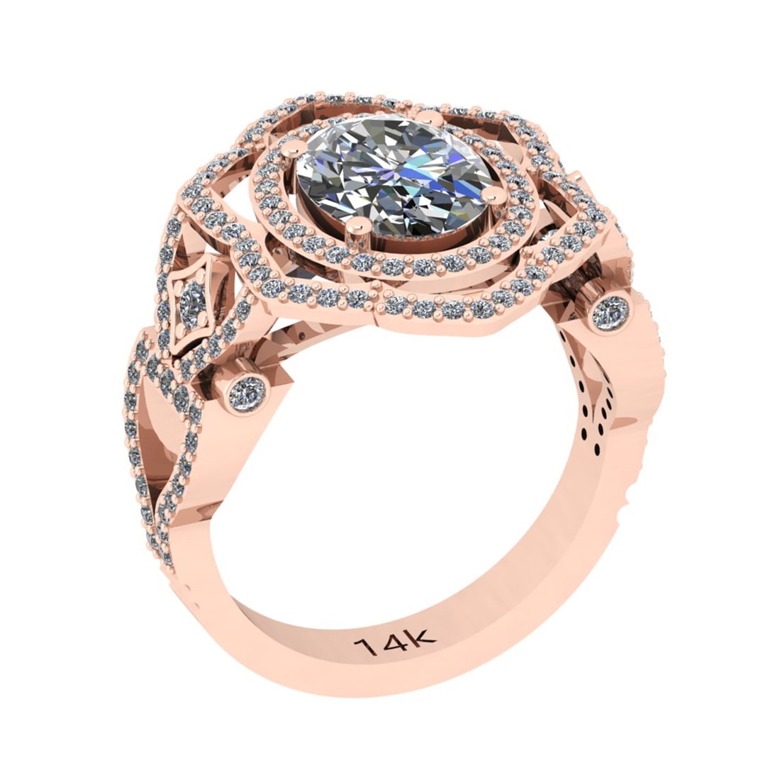 2.80 Ctw SI2/I1 Diamond 14K Rose Gold Bridal Wedding Halo Ring: Center Diamond Weight : 2.00 Ctw (Oval Cut) Center Diamond Color : J-K Center Stone Setting : Prong Center Stone Clarity : SI2/I1 Side Stone Weight Of Ctw 0.80 Ctw Side Stone Color : J-KStone Clarity