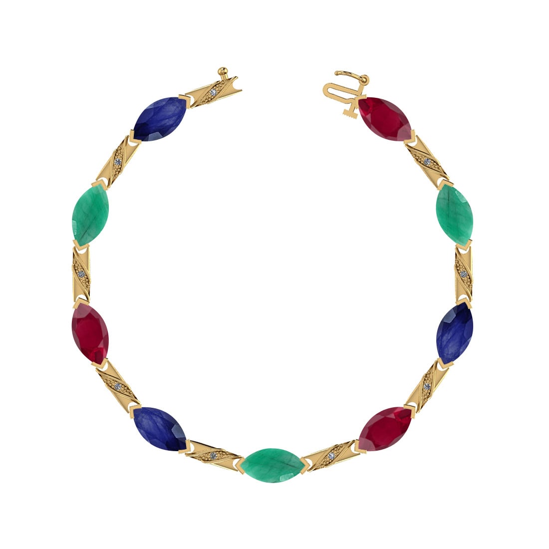 5.55 Ctw SI2/SI1 Multi Stone And Diamond 14K Yellow Gold Bracelet: Multi Stone Weight : 5.50 Ctw ( Marquise Cut) Multi Stone Color :-Emerald,Ruby,Blue Sapphire Multi Stone Setting : Prong Side Stone Weight Of Ctw 0.06 Ctw Side Stone Color : G-H Stone Clarity : SI2/SI