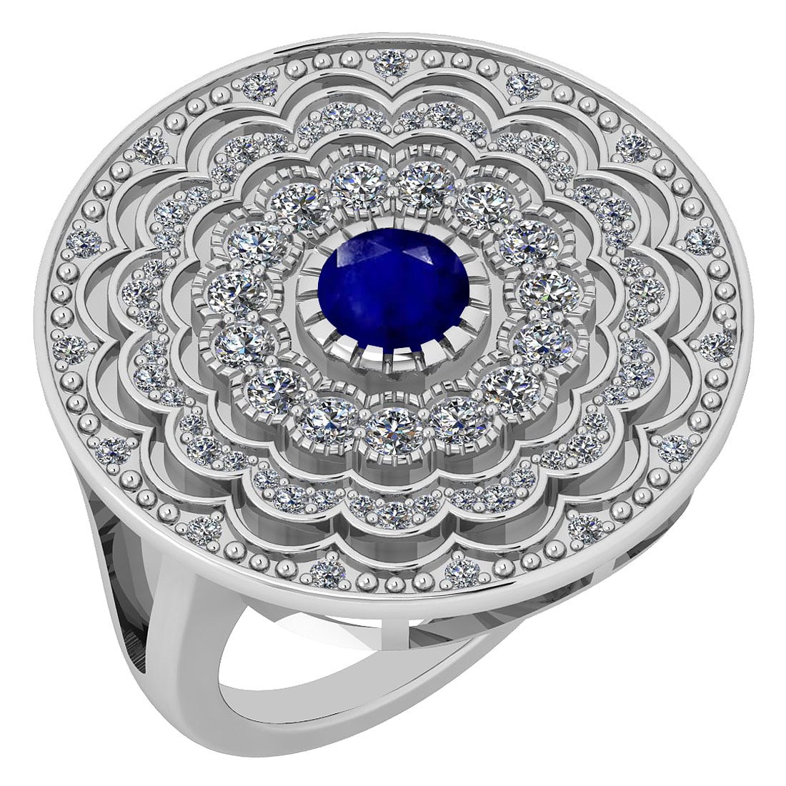 1.34 Ctw I2/I3 Blue Sapphire And Diamond 14K White Gold Antique Style Weddi: Center Stone Weight ; 0.50 Ctw ( Round Cut ) Stone Color :Blue Sapphire Color Stone Setting ; Bezel Side Stone Weight of Ctw ; 0.84 ctw Side Stone Color : J-K Side Stone Setting: Prong Side Stone