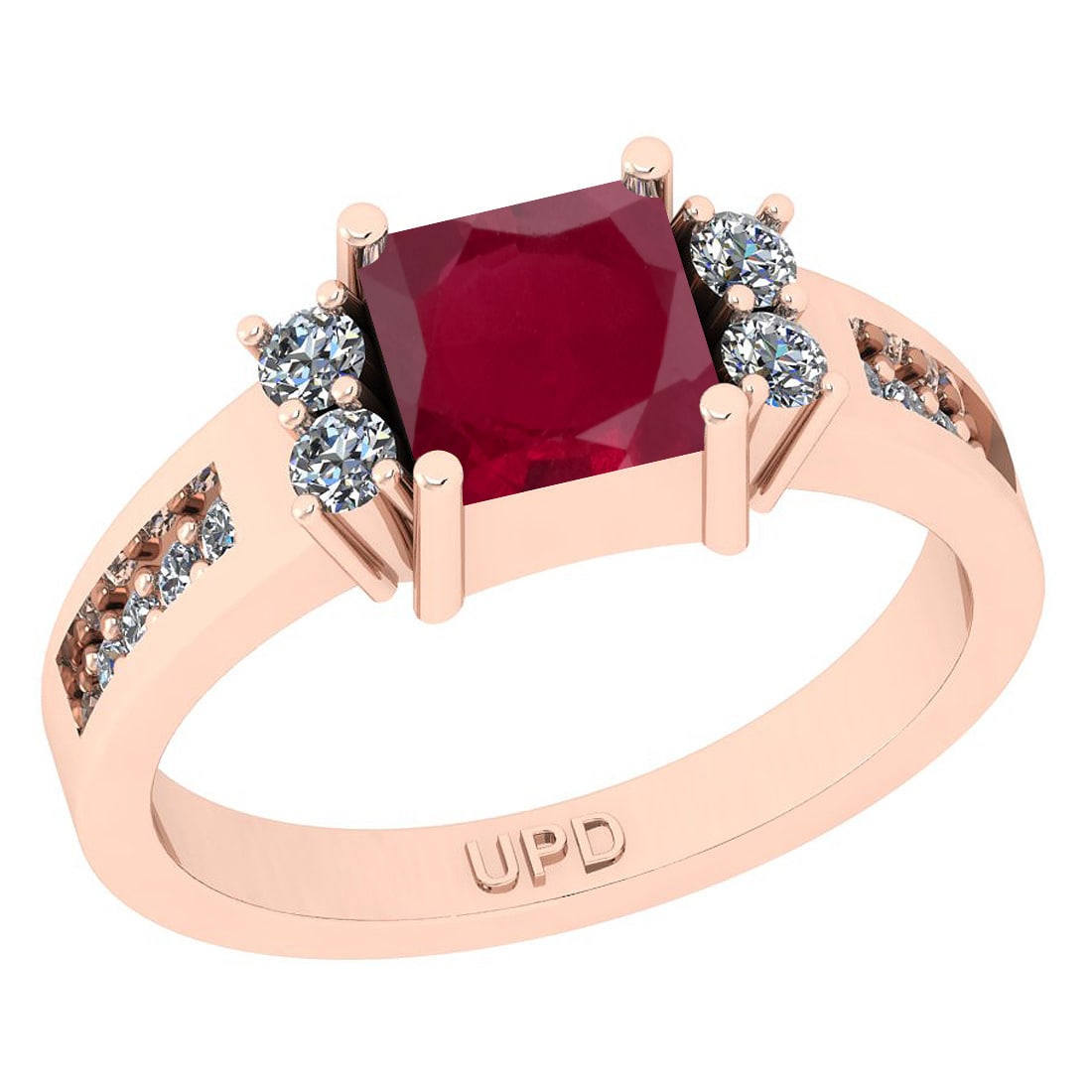 0.75 Ctw SI2/I1 Ruby And Diamond 14K Rose Gold Ring: Center Stone Weight : 0.50 Ctw (Princess Cut ) Center Stone Color : Ruby Center Stone Setting : Prong Side Stone Weight Of Ctw 0.25 Ctw Side Stone Color : G-H Stone Clarity : SI2/I1 Stone Setting : Pr
